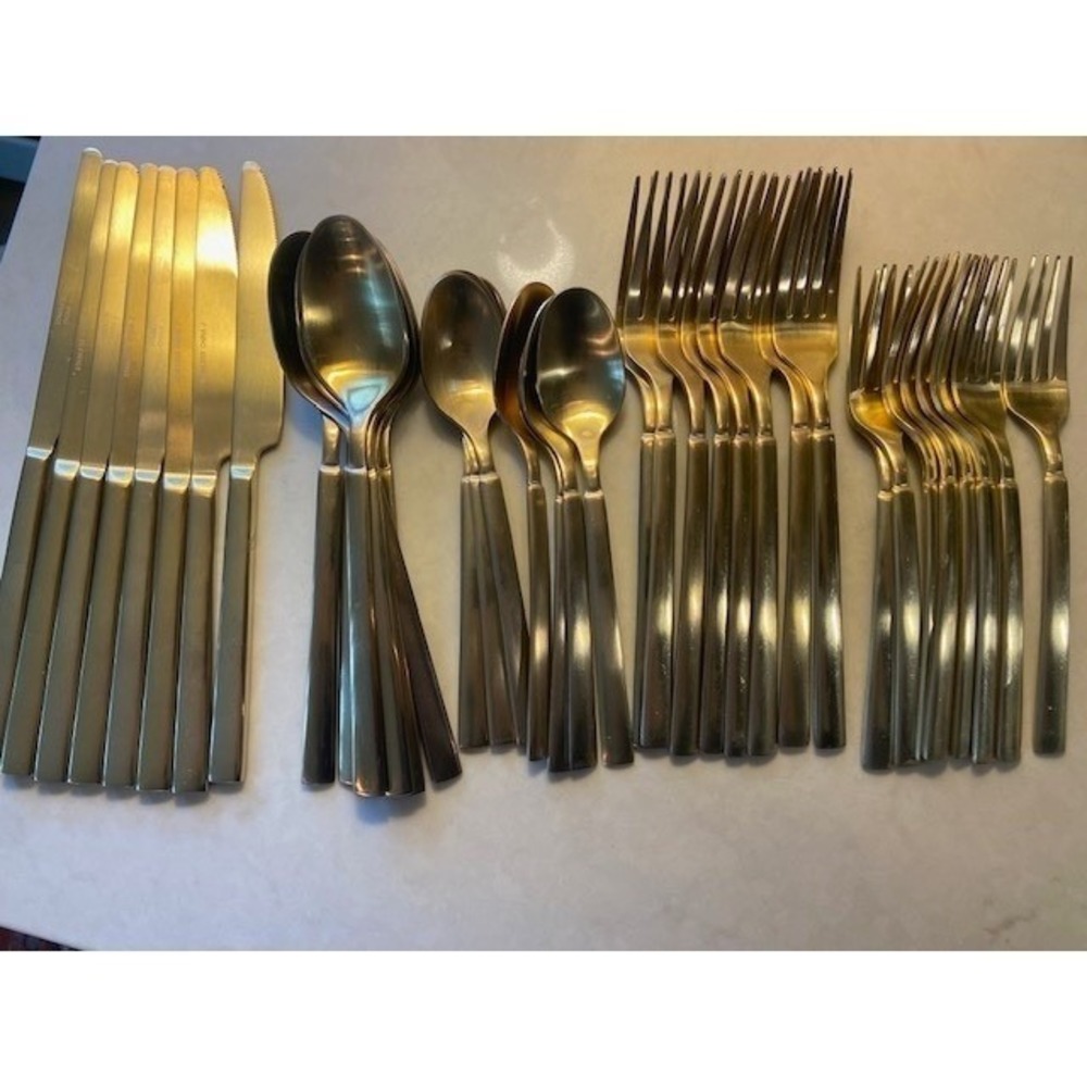 Gold Stainless Steel Flatware Set 39 Piece Modern Square Handle Satin Finish